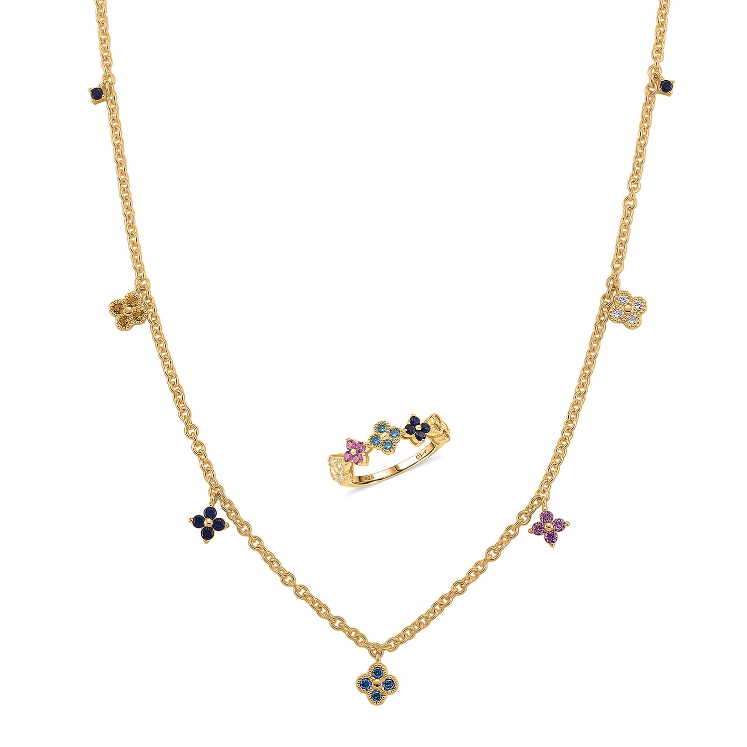 2 Piece Set -  Multi Color Cubic Zirconia Fancy Necklace and Fancy Ring  Sterling Silver  Wt. 5.4 Gms  1.680  Ct.