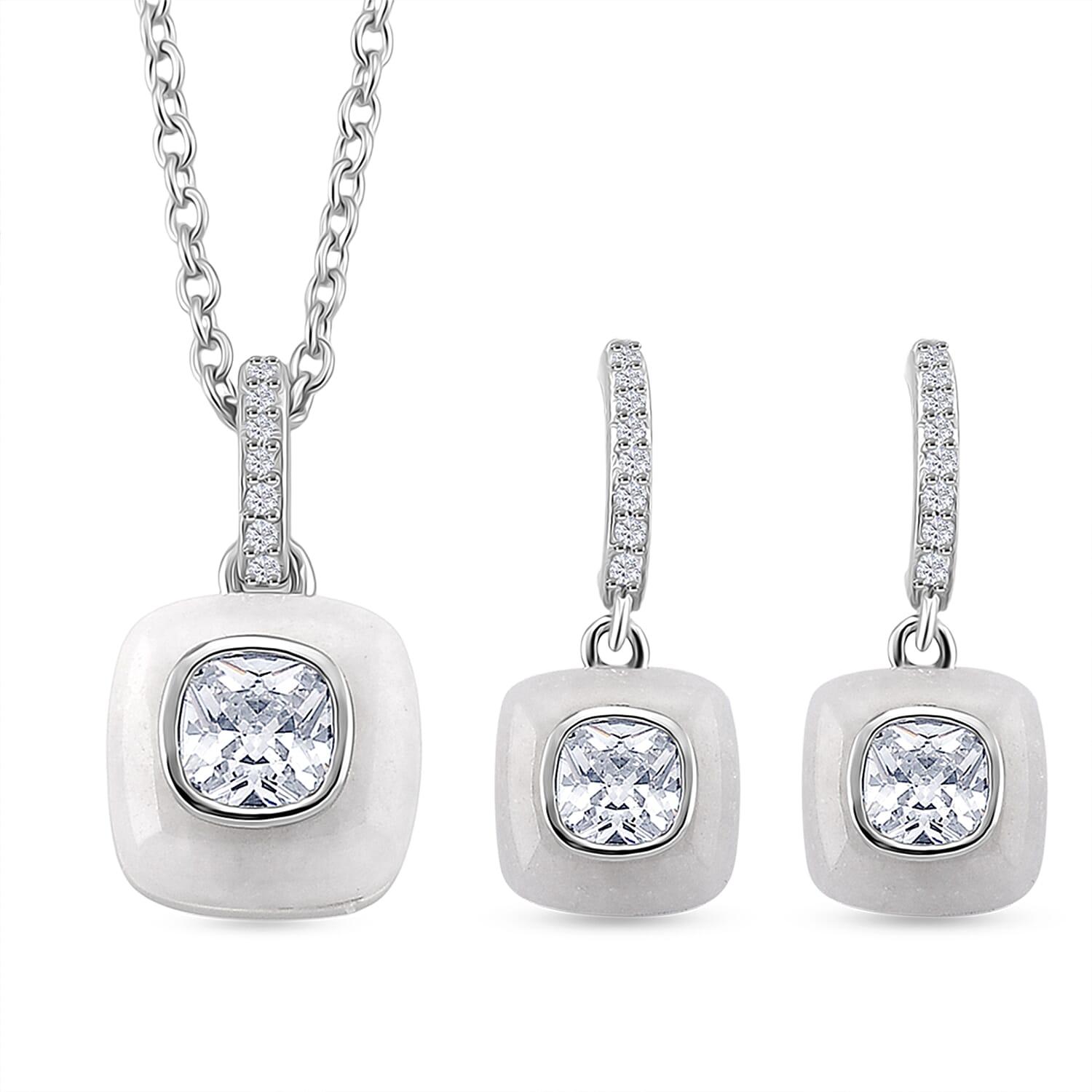 2 Piece Set -  White Jade,  White Cubic Zirconia Earring,Pendant with Chain (Size 20) in Rhodium Overlay Sterling Silver 2.23 pc  7.230  Ct.