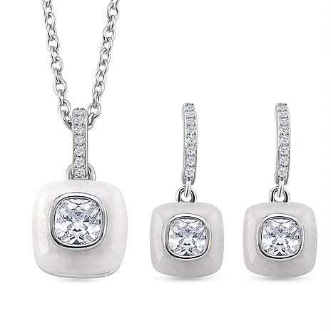2 Piece Set -  White Jade,  White Cubic Zirconia Earring,Pendant with Chain (Size 20) in Rhodium Overlay Sterling Silver 2.23 pc  7.230  Ct.
