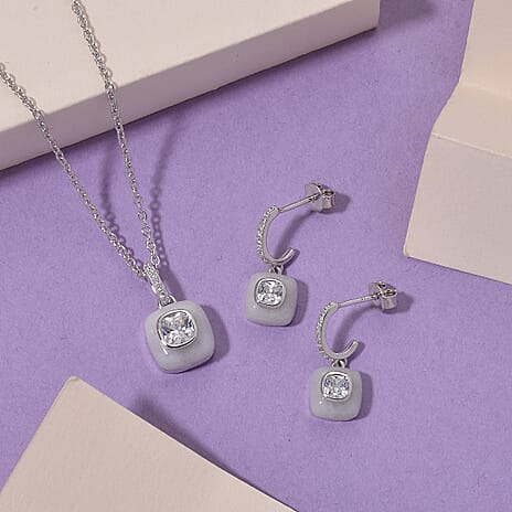 2 Piece Set -  White Jade,  White Cubic Zirconia Earring,Pendant with Chain (Size 20) in Rhodium Overlay Sterling Silver 2.23 pc  7.230  Ct.