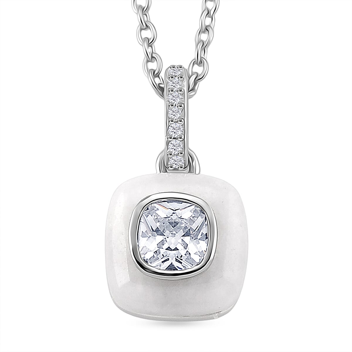 2 Piece Set -  White Jade,  White Cubic Zirconia Earring,Pendant with Chain (Size 20) in Rhodium Overlay Sterling Silver 2.23 pc  7.230  Ct.