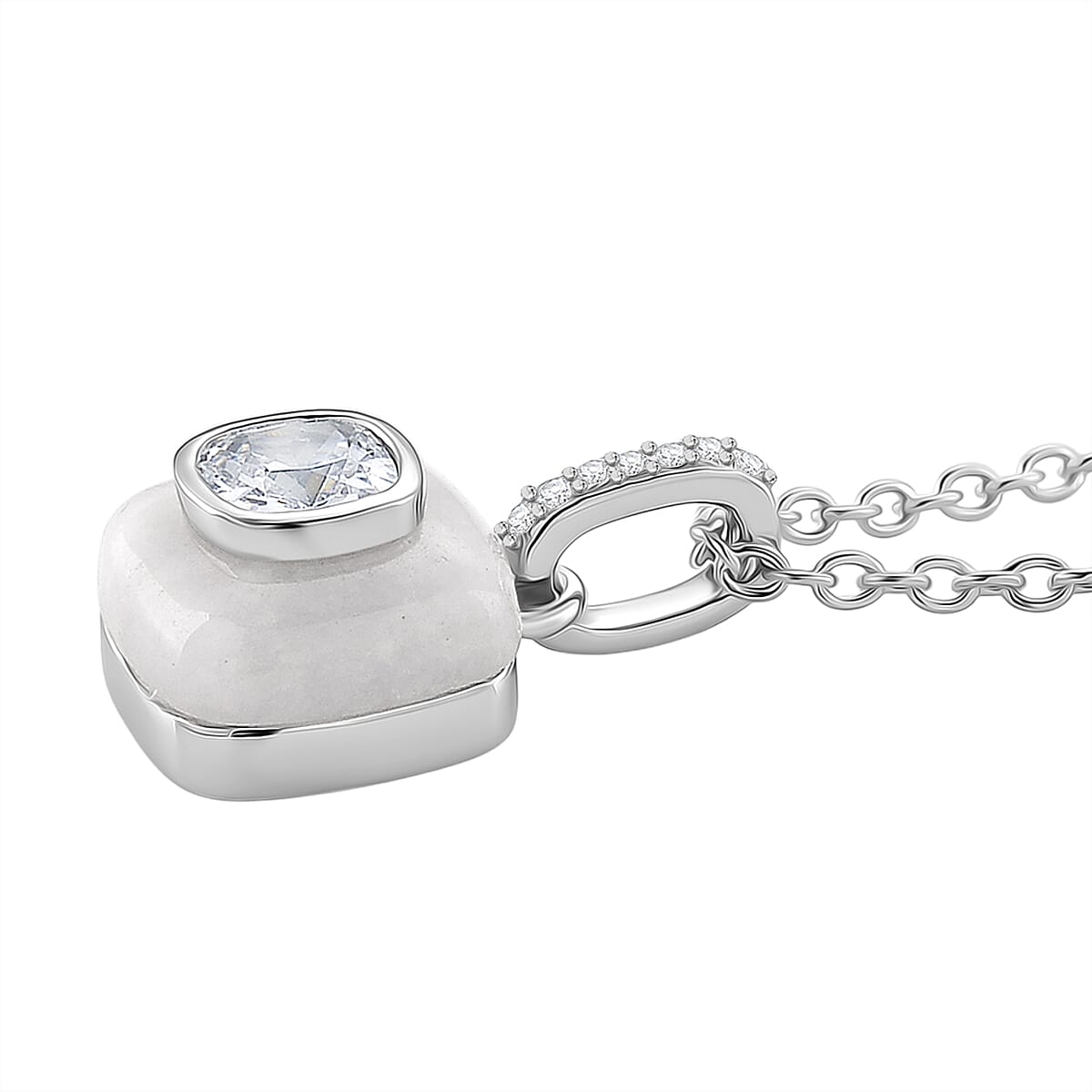 2 Piece Set -  White Jade,  White Cubic Zirconia Earring,Pendant with Chain (Size 20) in Rhodium Overlay Sterling Silver 2.23 pc  7.230  Ct.