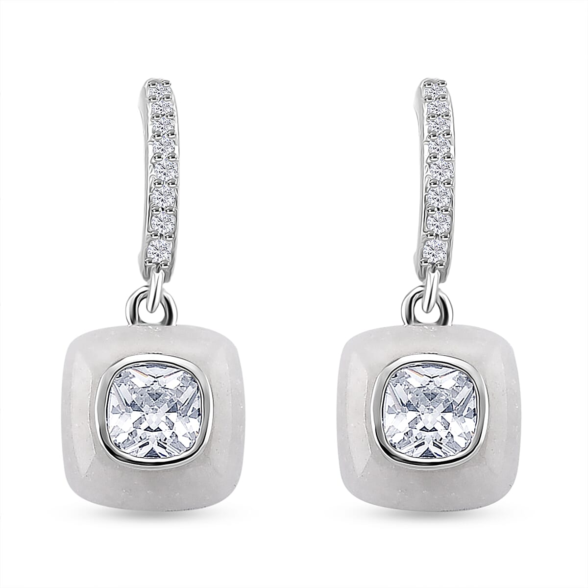 2 Piece Set -  White Jade,  White Cubic Zirconia Earring,Pendant with Chain (Size 20) in Rhodium Overlay Sterling Silver 2.23 pc  7.230  Ct.