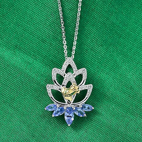 GP - Italian Garden Collection - Tanzanite, White Zircon & Blue Sapphire Pendant with Chain (Size 20) in Rhodium Overlay Sterling Silver 1.11 Ct.