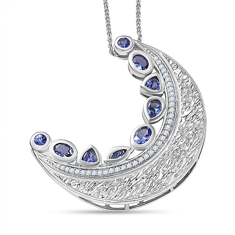 GP Celestial Dream Collection - Tanzanite, White Zircon & Blue Sapphire Pendant with Chain (Size 20) in Rhodium Overlay Sterling Silver 2.03 Ct, Silver Wt. 5.31 Gms.