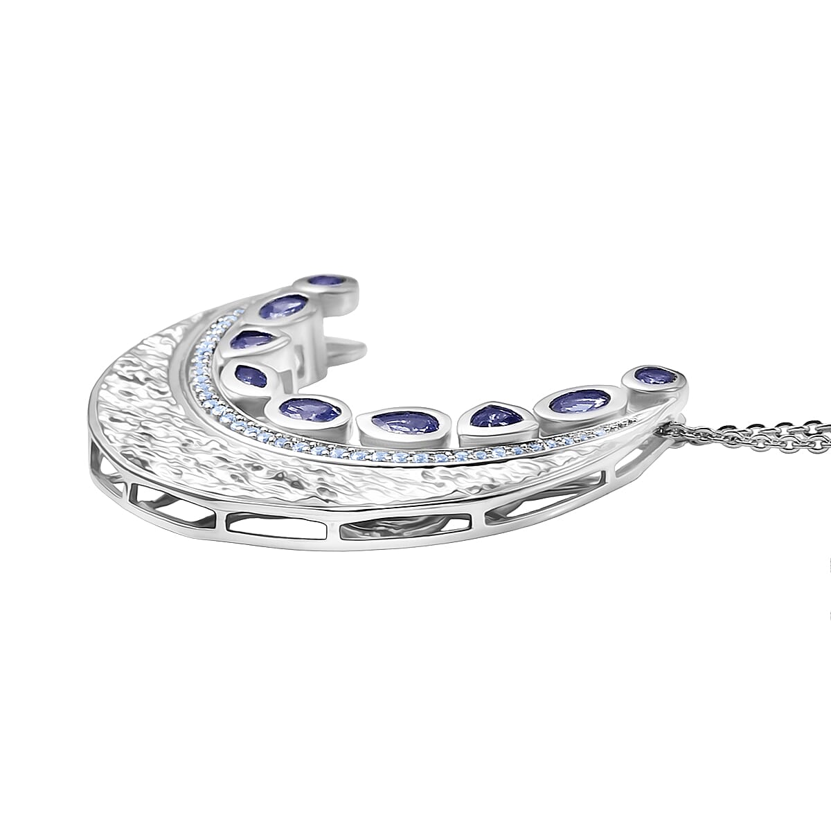 GP Celestial Dream Collection - Tanzanite, White Zircon & Blue Sapphire Pendant with Chain (Size 20) in Rhodium Overlay Sterling Silver 2.03 Ct, Silver Wt. 5.31 Gms.