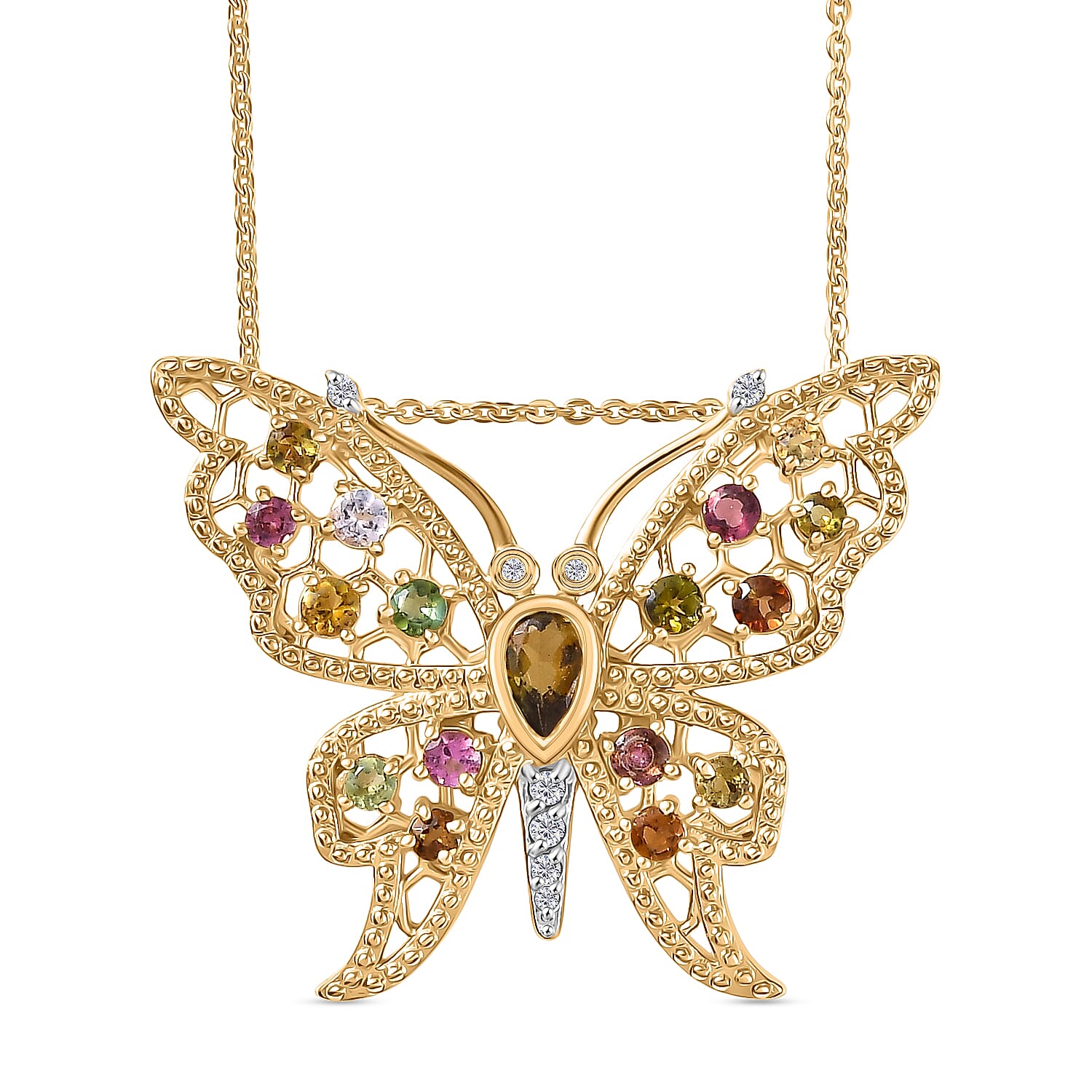 GP - Italian Garden Collection - Multi - Tourmaline, Kanchanaburi Blue Sapphire & Zircon Pendant with Chain (Size 20) in 18K Vermeil Yellow Gold Plated Sterling Silver 1.26 Ct, Silver Wt. 6.01 Gms.