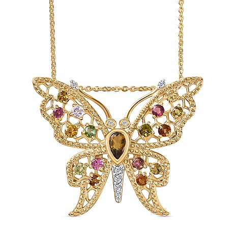 GP - Italian Garden Collection - Multi - Tourmaline, Kanchanaburi Blue Sapphire & Zircon Pendant with Chain (Size 20) in 18K Vermeil Yellow Gold Plated Sterling Silver 1.26 Ct, Silver Wt. 6.01 Gms.