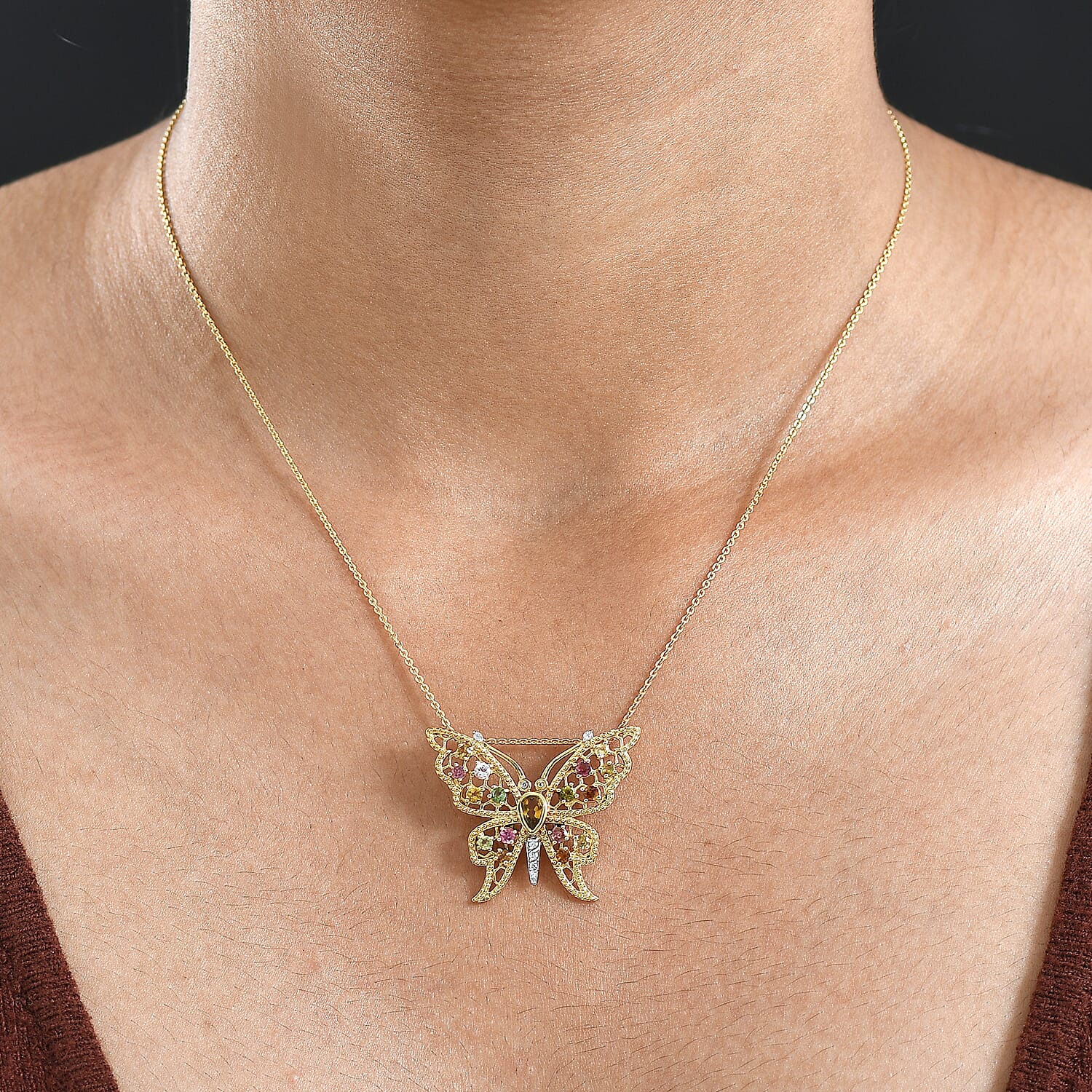 GP - Italian Garden Collection - Multi - Tourmaline, Kanchanaburi Blue Sapphire & Zircon Pendant with Chain (Size 20) in 18K Vermeil Yellow Gold Plated Sterling Silver 1.26 Ct, Silver Wt. 6.01 Gms.