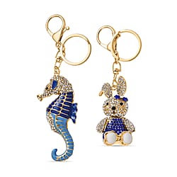 Set of 2 - Multi Colour Crystal Bunny & Seahorse Keychain in Yellow Gold Plated