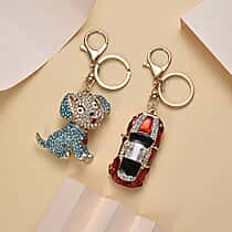 Set of 2 - Multi Colour Crystal Car & Playful Puppy Keychain in Yellow Gold Plated