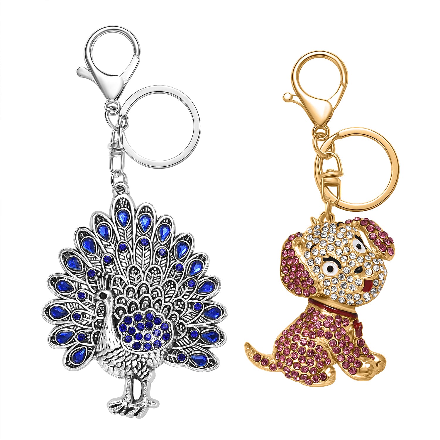 Set of 2 - Multi Colour Peacock & Sweet Puppy Crystal Keychain in Yellow Gold Plated