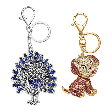 Set of 2 - Multi Colour Peacock & Sweet Puppy Crystal Keychain in Yellow Gold Plated