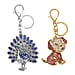 Set of 2 - Multi Colour Peacock & Sweet Puppy Crystal Keychain in Yellow Gold Plated