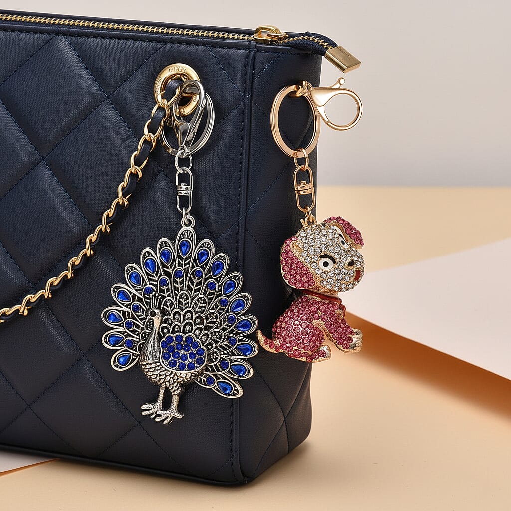 Set of 2 - Multi Colour Peacock & Sweet Puppy Crystal Keychain in Yellow Gold Plated