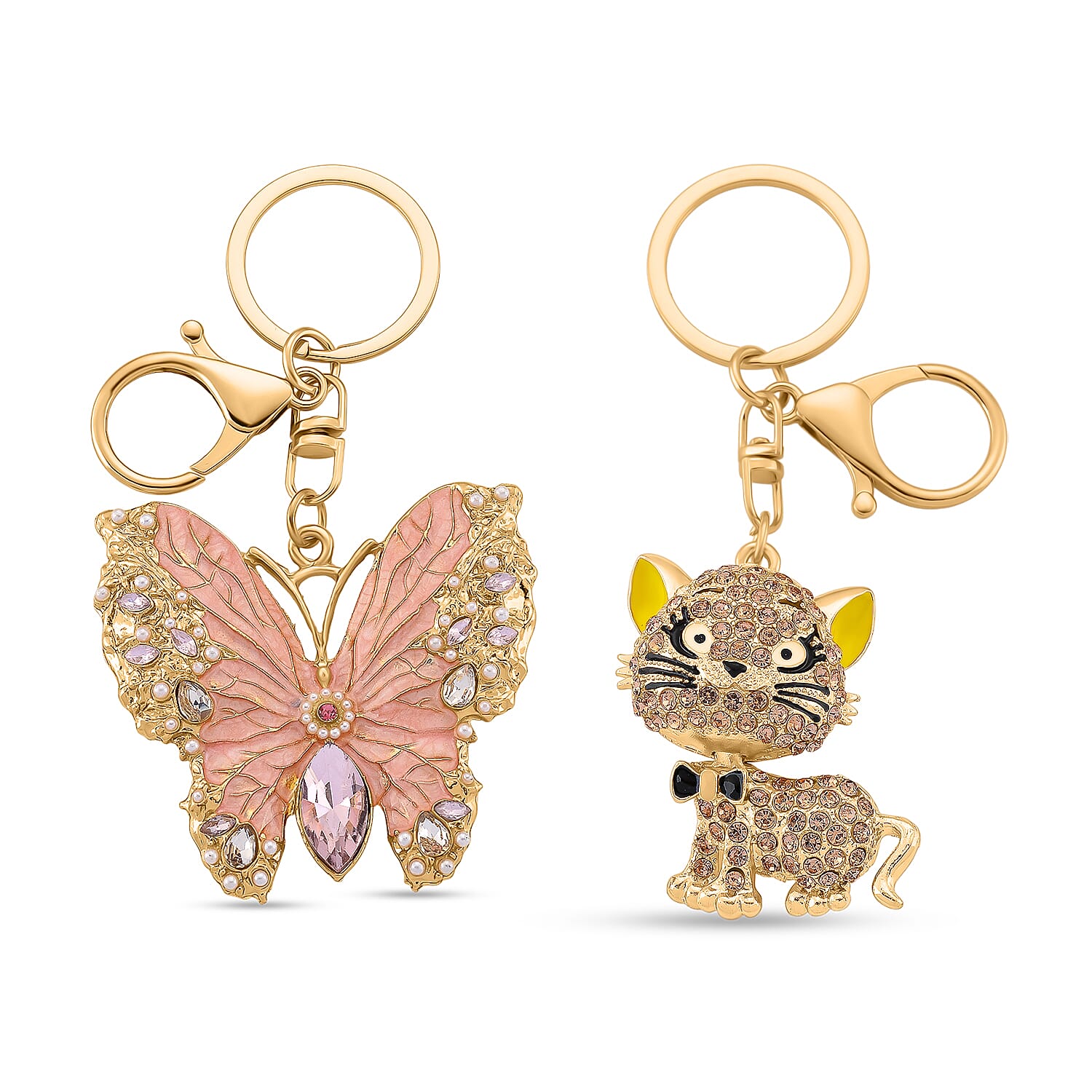 Set of 2 - White Crystal & Simulated Pearl Elegant Butterfly & Playful Cat Keychain in Yellow Gold Plated