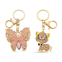 Set of 2 - Multi Colour Crystal Bunny & Seahorse Keychain in Yellow Gold Plated