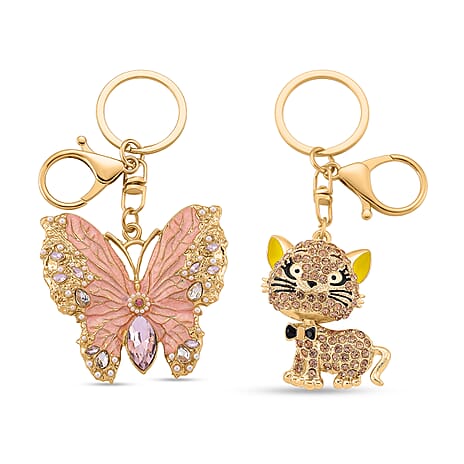 Set of 2 - White Crystal & Simulated Pearl Elegant Butterfly & Playful Cat Keychain in Yellow Gold Plated