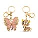 Set of 2 - Multi Colour Peacock & Sweet Puppy Crystal Keychain in Yellow Gold Plated
