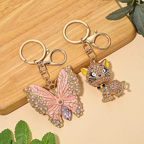 Set of 2 - White Crystal & Simulated Pearl Elegant Butterfly & Playful Cat Keychain in Yellow Gold Plated