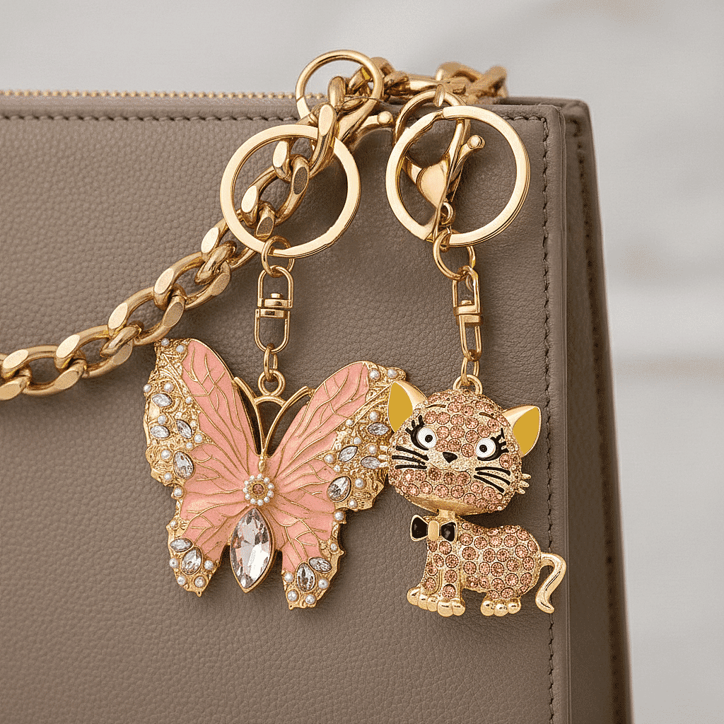 Set of 2 - White Crystal & Simulated Pearl Elegant Butterfly & Playful Cat Keychain in Yellow Gold Plated