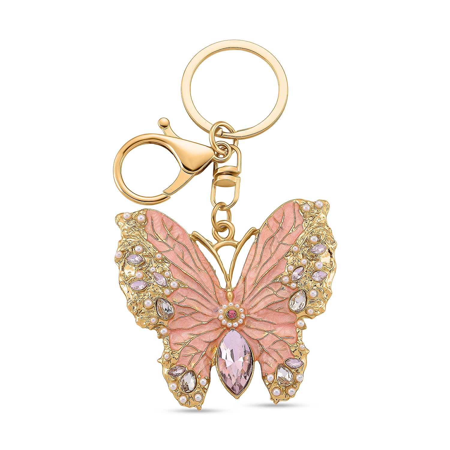 Set of 2 - White Crystal & Simulated Pearl Elegant Butterfly & Playful Cat Keychain in Yellow Gold Plated
