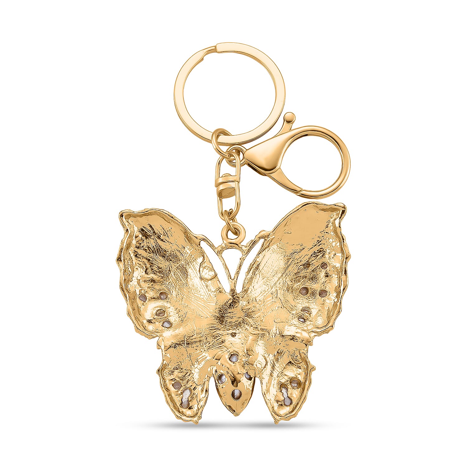 Set of 2 - White Crystal & Simulated Pearl Elegant Butterfly & Playful Cat Keychain in Yellow Gold Plated