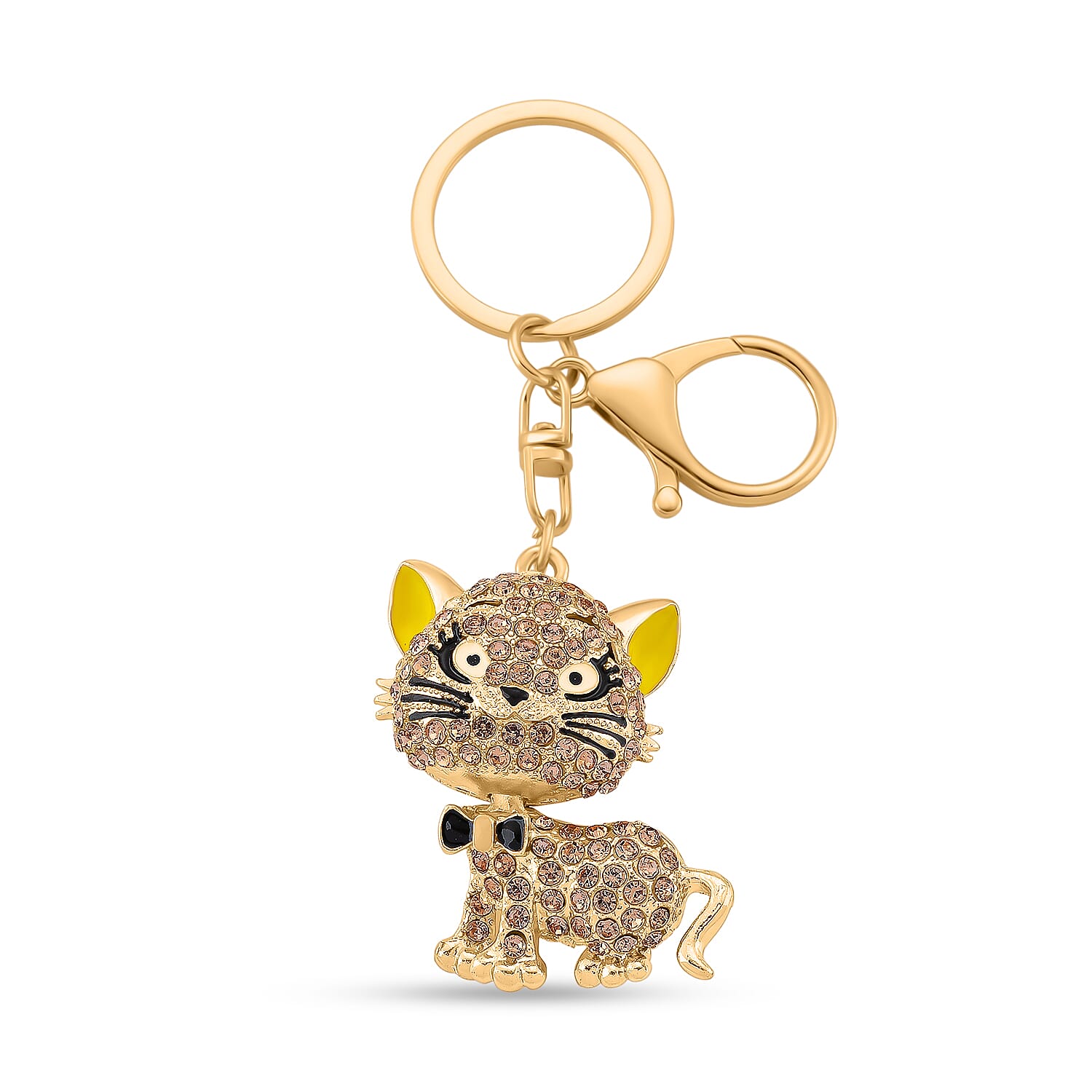 Set of 2 - White Crystal & Simulated Pearl Elegant Butterfly & Playful Cat Keychain in Yellow Gold Plated