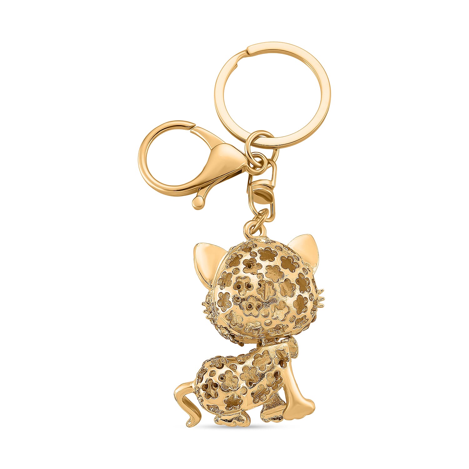Set of 2 - White Crystal & Simulated Pearl Elegant Butterfly & Playful Cat Keychain in Yellow Gold Plated
