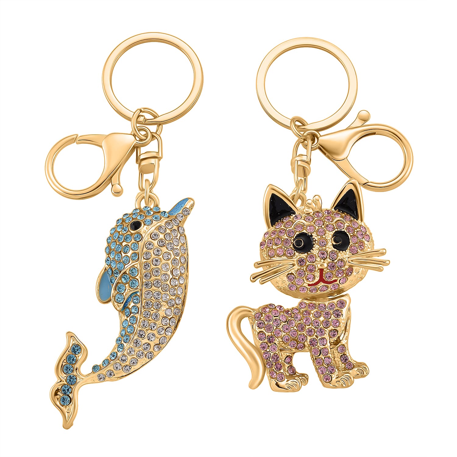 Set of 2 -  Pink & Multi Colour Cat & Dolphin Crystal Keychain in Yellow Gold Plated