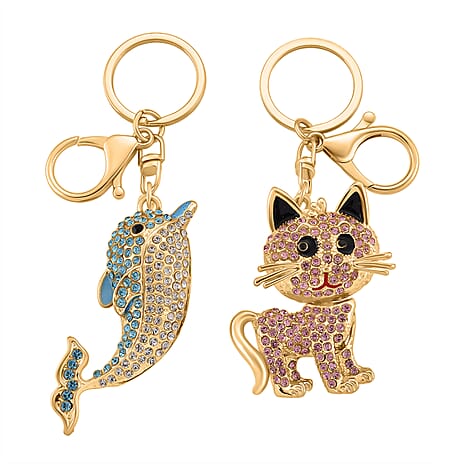 Set of 2 -  Pink & Multi Colour Cat & Dolphin Crystal Keychain in Yellow Gold Plated