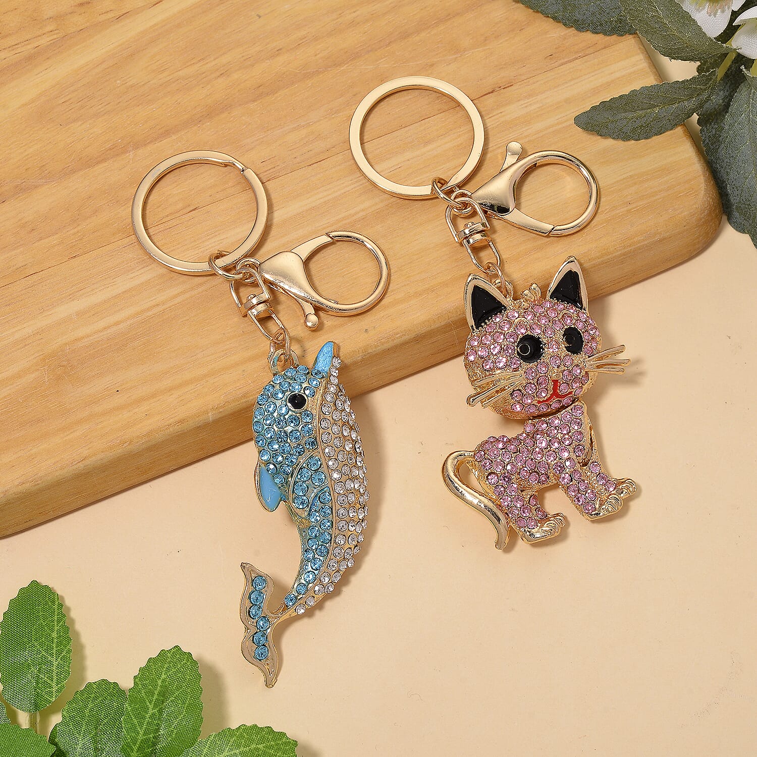 Set of 2 -  Pink & Multi Colour Cat & Dolphin Crystal Keychain in Yellow Gold Plated
