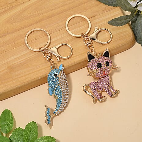 Set of 2 -  Pink & Multi Colour Cat & Dolphin Crystal Keychain in Yellow Gold Tone