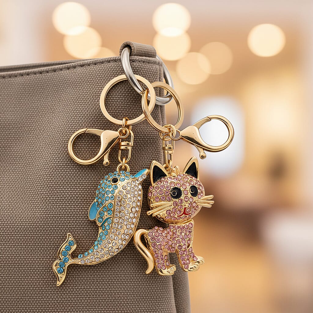 Set of 2 -  Pink & Multi Colour Cat & Dolphin Crystal Keychain in Yellow Gold Plated