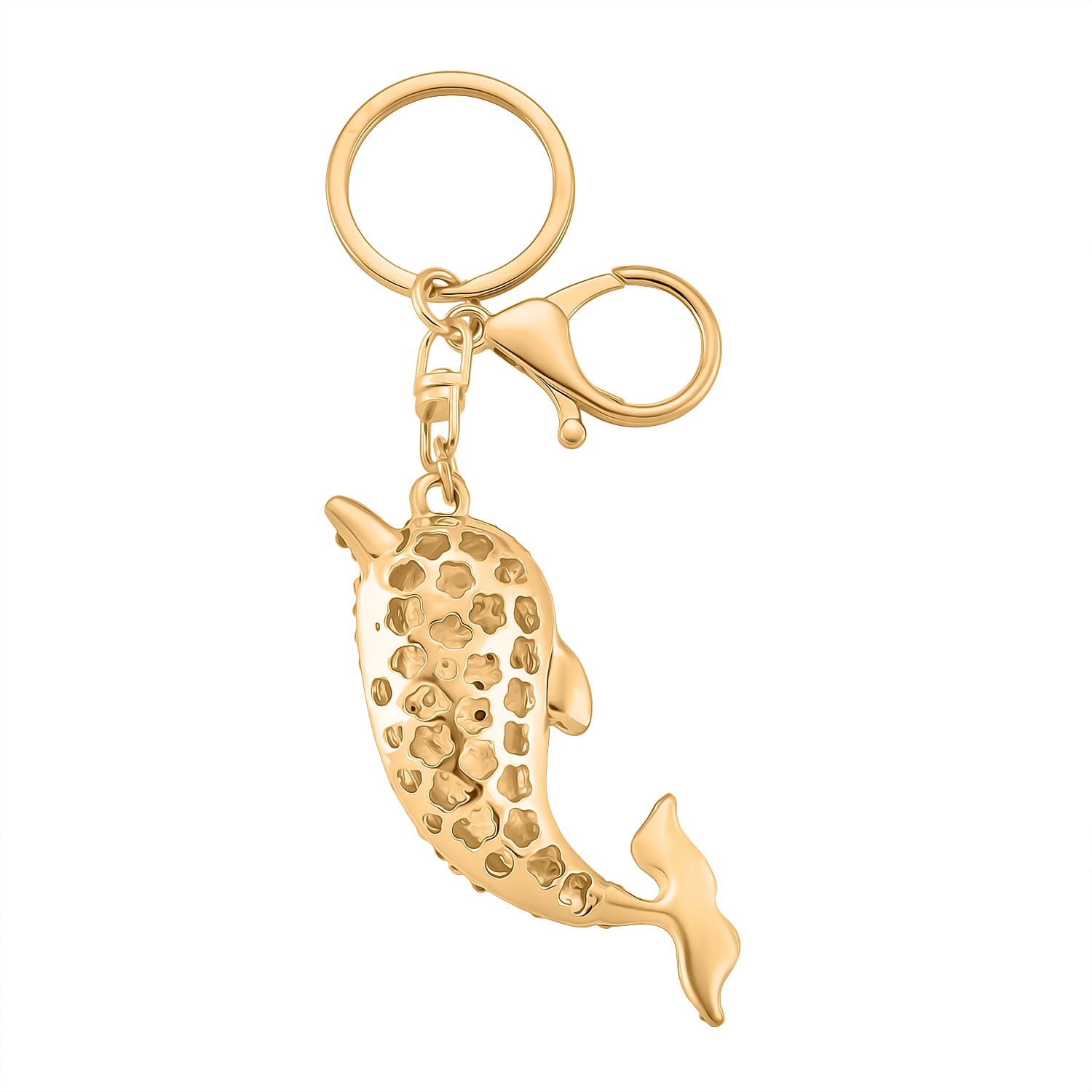 Set of 2 -  Pink & Multi Colour Cat & Dolphin Crystal Keychain in Yellow Gold Plated