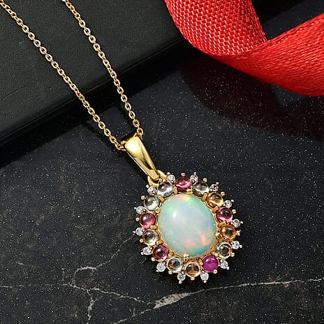 D'Joy Ethiopian Opal, Multi Sapphire & White Zircon Pendant with Chain (Size 20) in 18K Vermeil Yellow Gold Plated Sterling Silver 4.28 Ct.