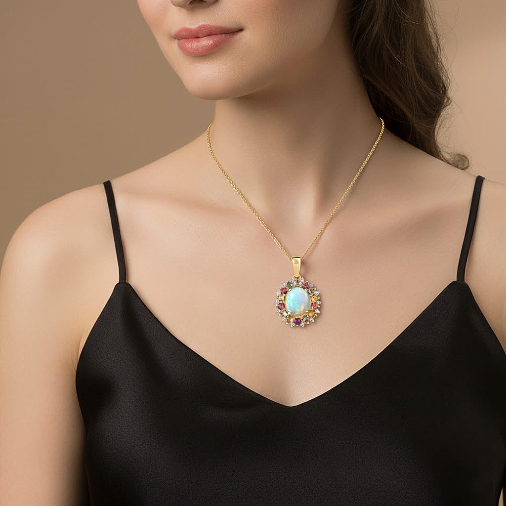 D'Joy Ethiopian Opal, Multi Sapphire & White Zircon Pendant with Chain (Size 20) in 18K Vermeil Yellow Gold Plated Sterling Silver 4.28 Ct.