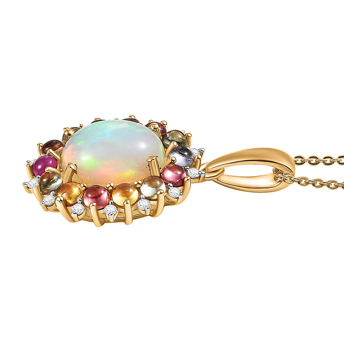 D'Joy Ethiopian Opal, Multi Sapphire & White Zircon Pendant with Chain (Size 20) in 18K Vermeil Yellow Gold Plated Sterling Silver 4.28 Ct.