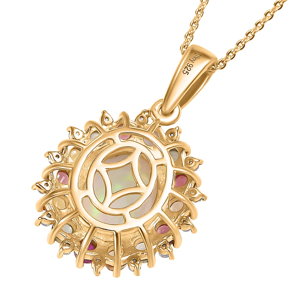 D'Joy Ethiopian Opal, Multi Sapphire & White Zircon Pendant with Chain (Size 20) in 18K Vermeil Yellow Gold Plated Sterling Silver 4.28 Ct.