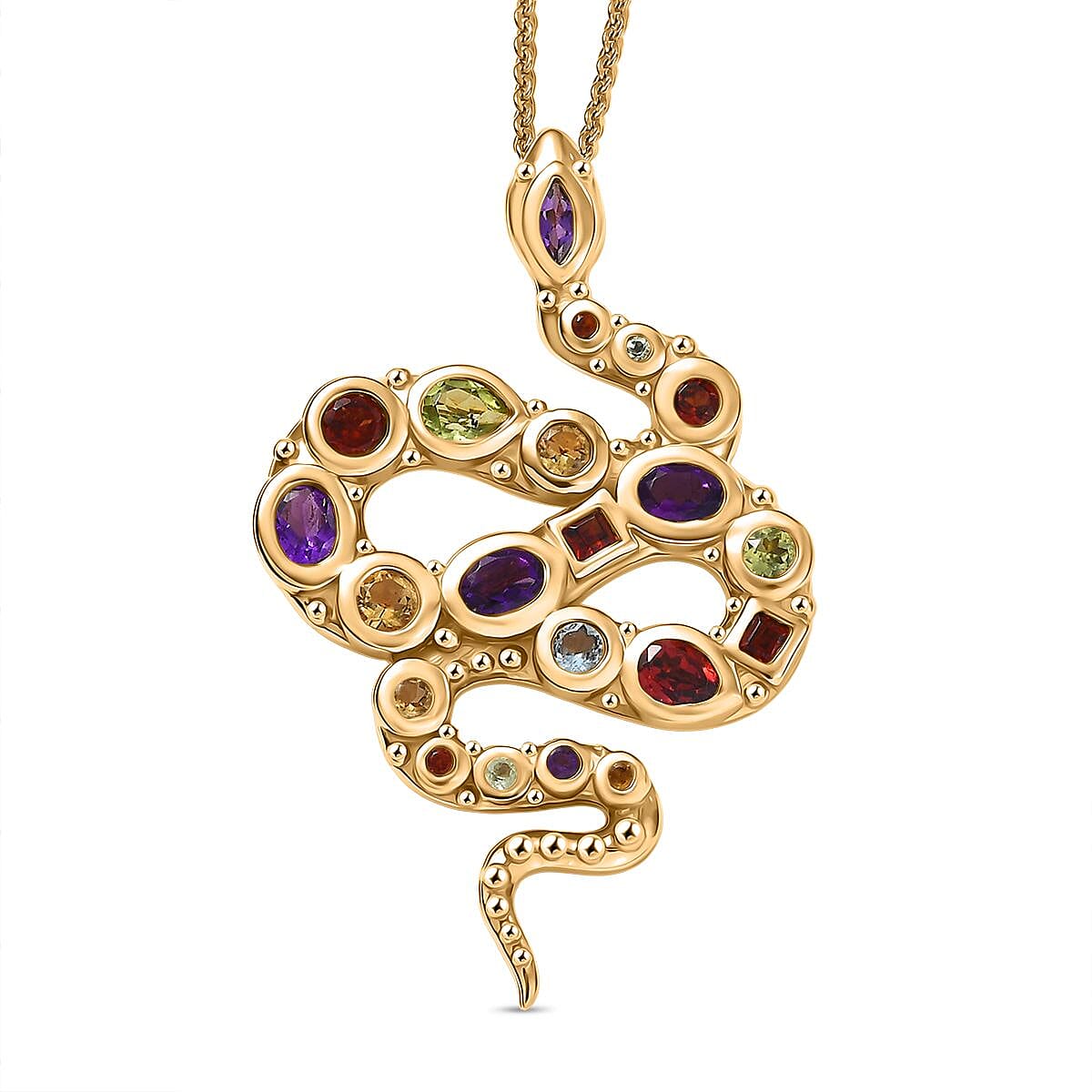 GP- Serpentine Collection African Amethyst, Red Garnet, Peridot, Citrine, Skyblue Topaz & Blue Sapphire Pendant with Chain (Size 20) in 18K Vermeil Yellow Gold Plated Sterling Silver 1.78 Ct.