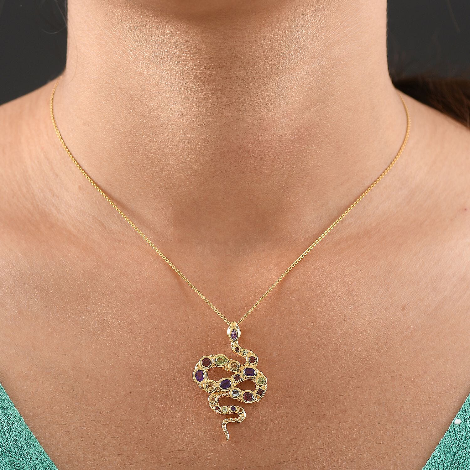 GP- Serpentine Collection African Amethyst, Red Garnet, Peridot, Citrine, Skyblue Topaz & Blue Sapphire Pendant with Chain (Size 20) in 18K Vermeil Yellow Gold Plated Sterling Silver 1.78 Ct.