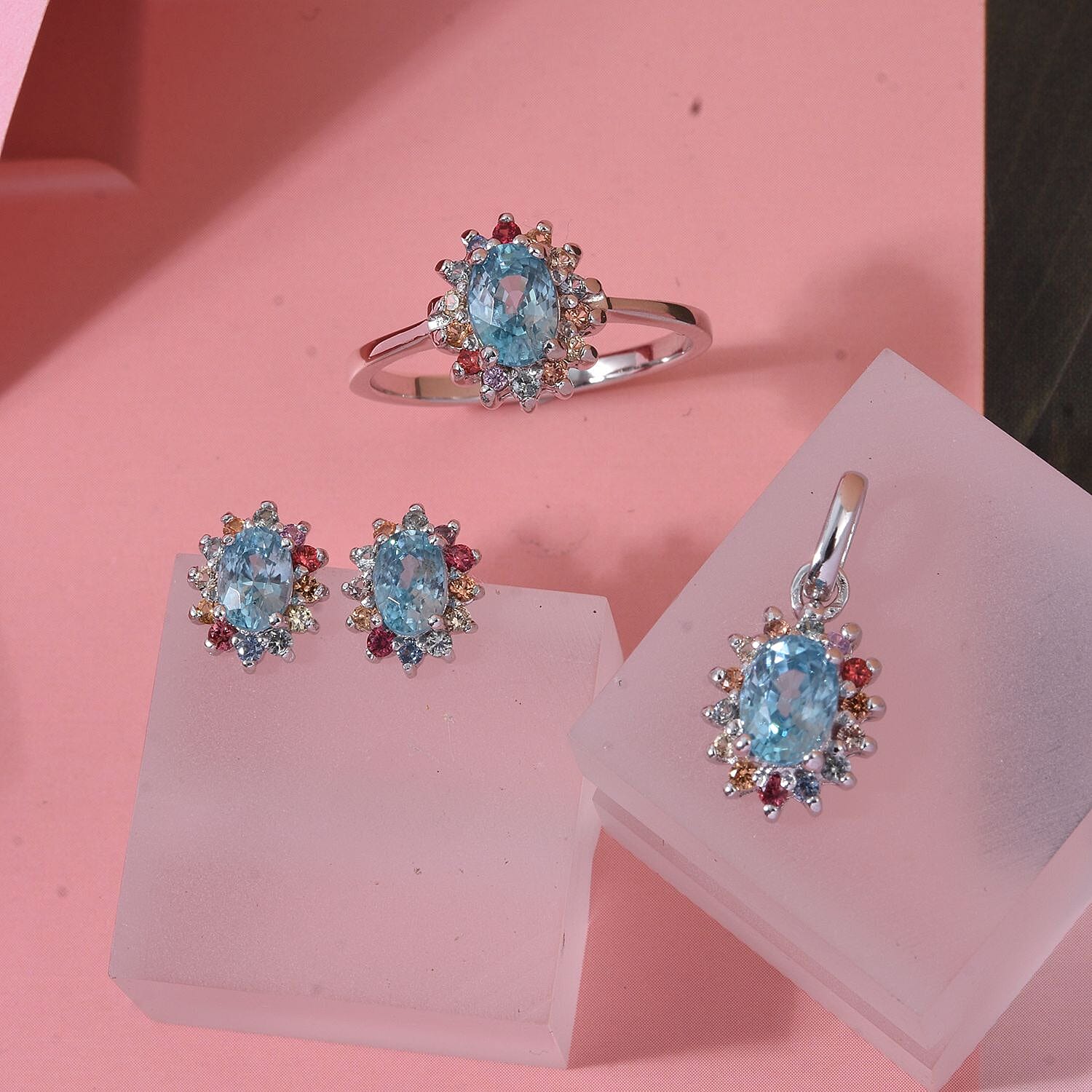 3 Piece Set - D'Joy Blue Zircon & Multi Sapphire Ring (Size - L), Pendant and Earring in Rhodium Overlay Sterling Silver 7.74 Ct.