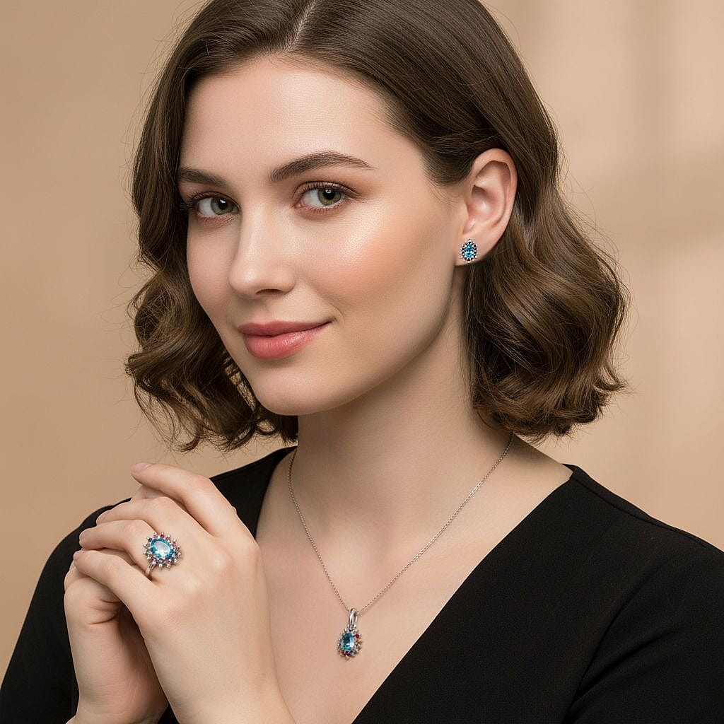 3 Piece Set - D'Joy Blue Zircon & Multi Sapphire Ring (Size - L), Pendant and Earring in Rhodium Overlay Sterling Silver 7.74 Ct.