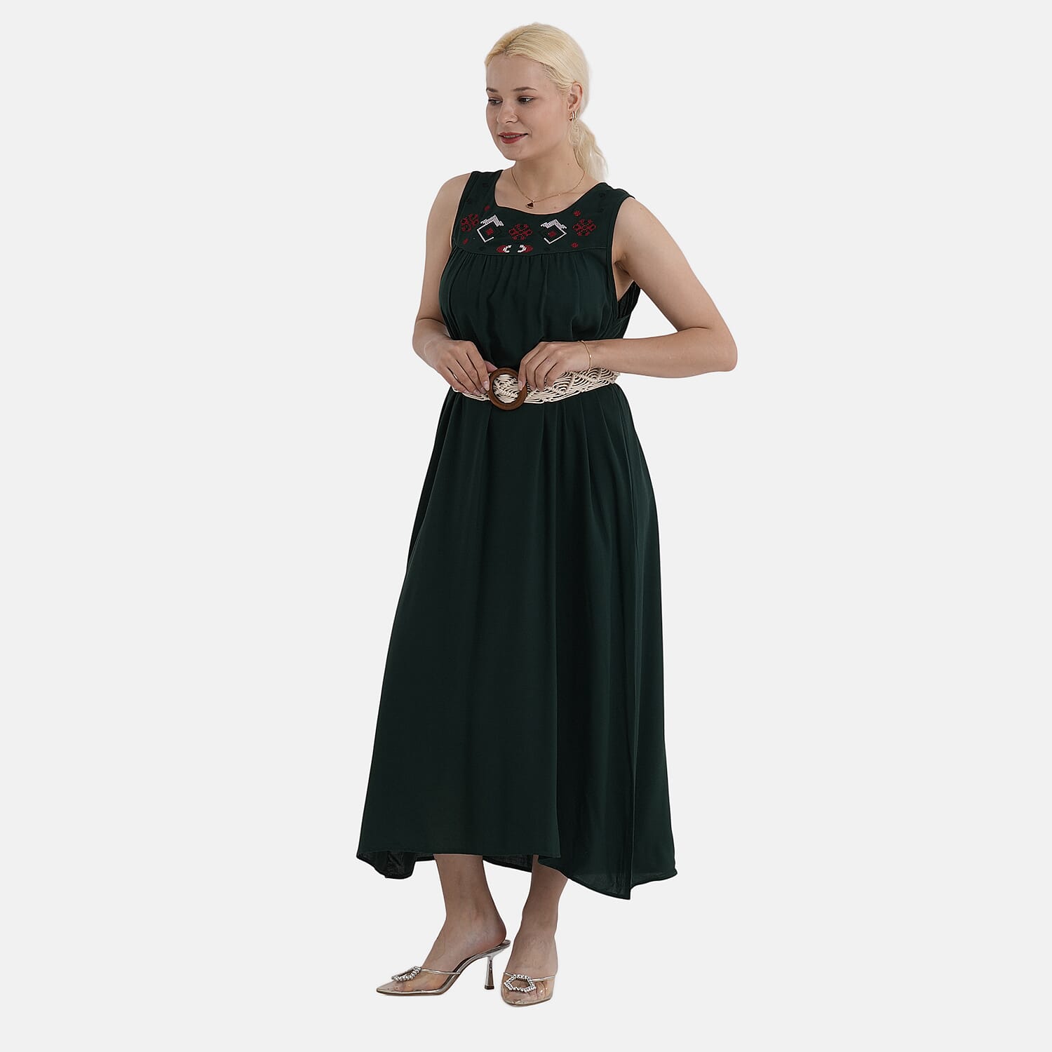 - Maisi Embroidery Umbrella Cut Dress with Elasticated Waist Belt (One Size) - Bottle Green