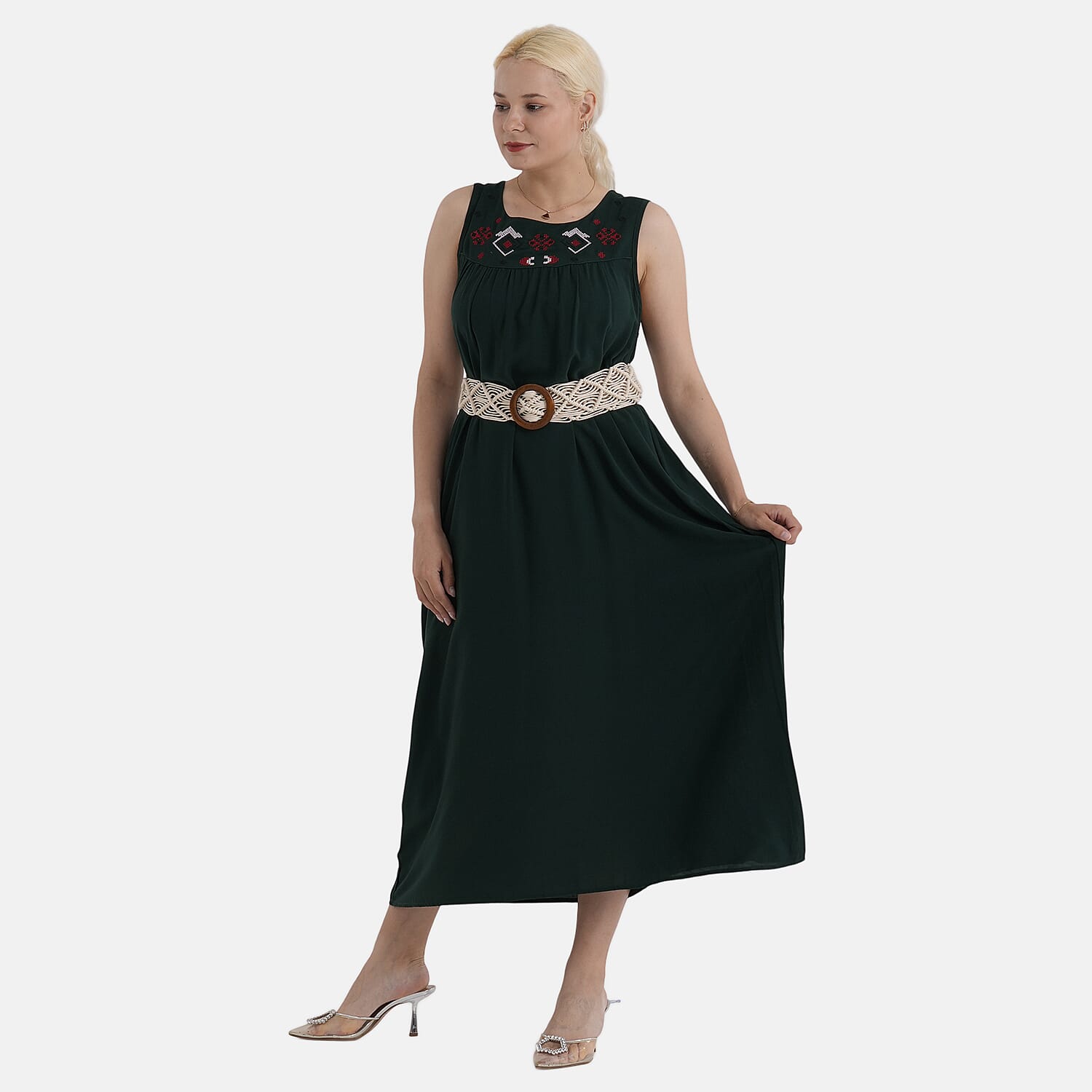 - Maisi Embroidery Umbrella Cut Dress with Elasticated Waist Belt (One Size) - Bottle Green