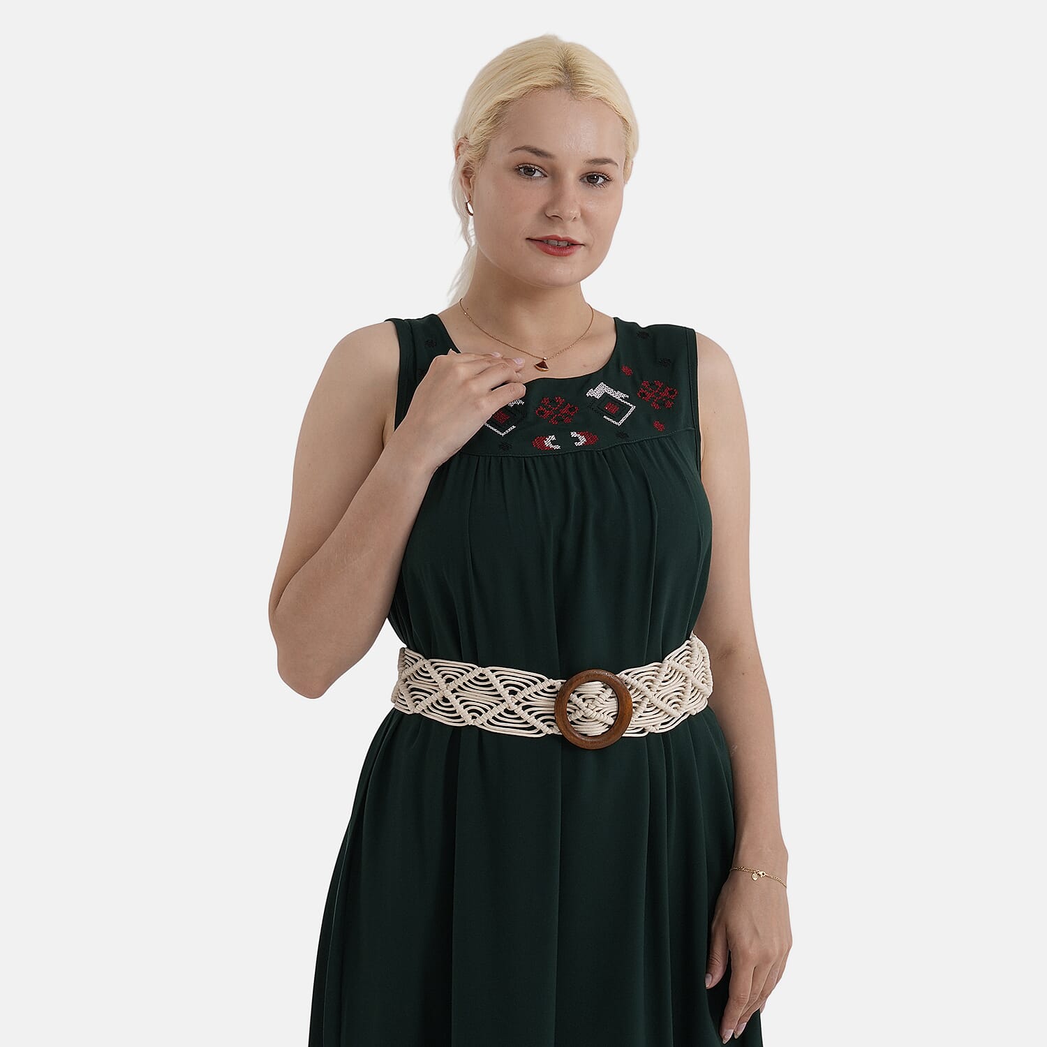 - Maisi Embroidery Umbrella Cut Dress with Elasticated Waist Belt (One Size) - Bottle Green