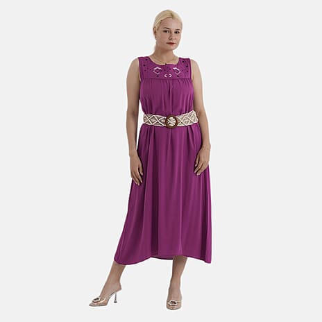 - Maisi Embroidery Umbrella Cut Dress with Elasticated Waist Belt (One Size) - Plum