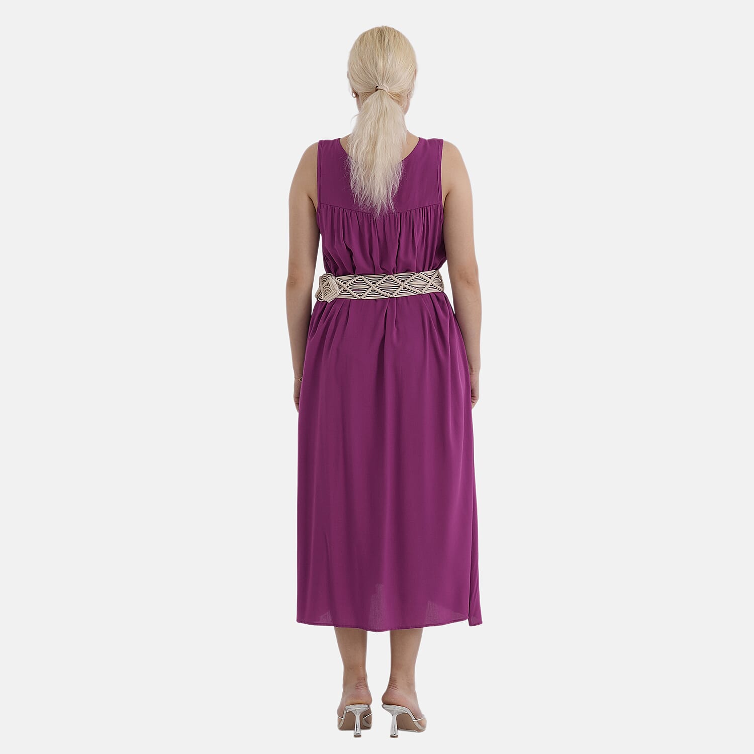 - Maisi Embroidery Umbrella Cut Dress with Elasticated Waist Belt (One Size) - Plum