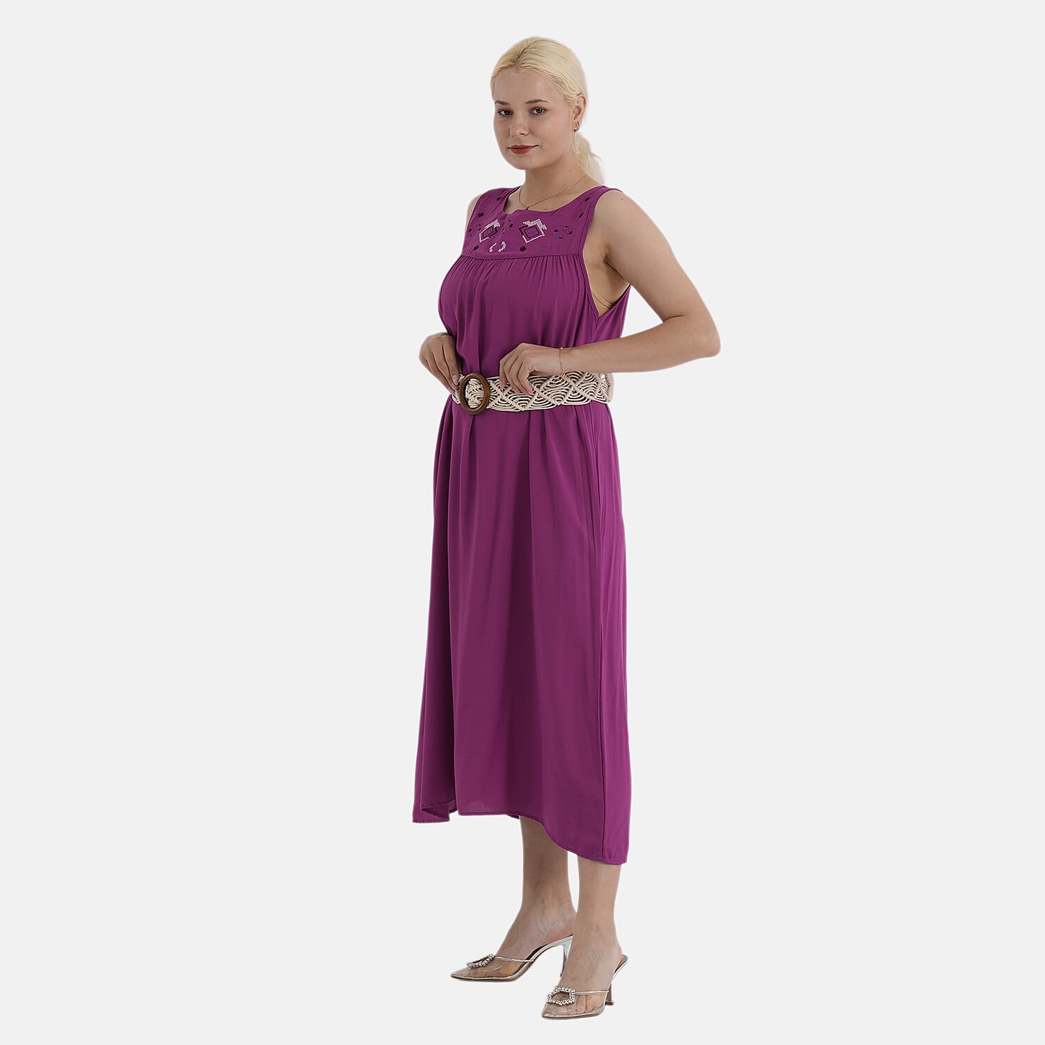 - Maisi Embroidery Umbrella Cut Dress with Elasticated Waist Belt (One Size) - Plum