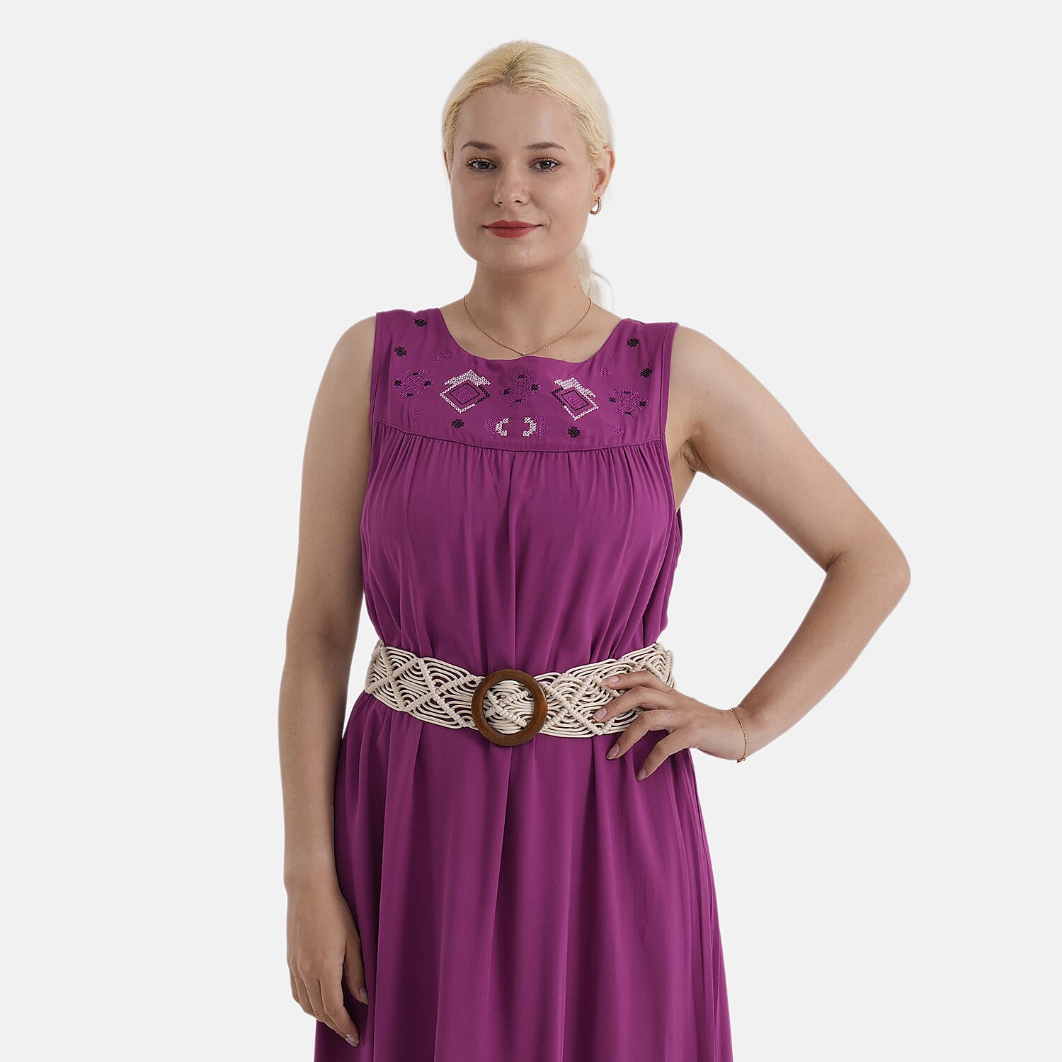 - Maisi Embroidery Umbrella Cut Dress with Elasticated Waist Belt (One Size) - Plum